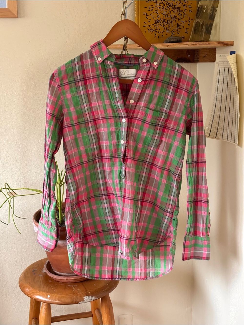 J. Crew Women’s Pink & Green Plaid Button-Down Shirt (00)